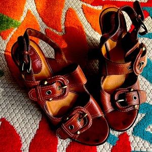 Frye cognac colored adjustable sling back chunky heels